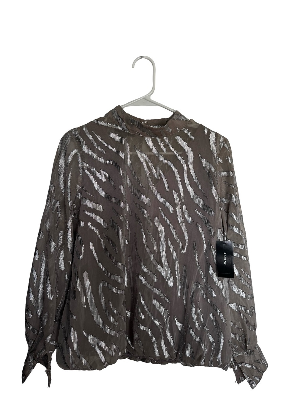 Alfani Taupe Blouse with Silver Metallic Stripe Detail